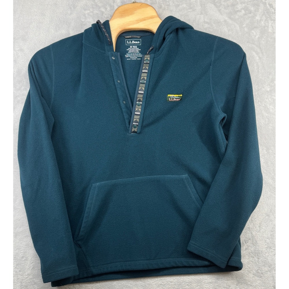 LL Bean Mountain Classic Fleece Hoodie Teal Snap Neck 510637 Men's M REG
